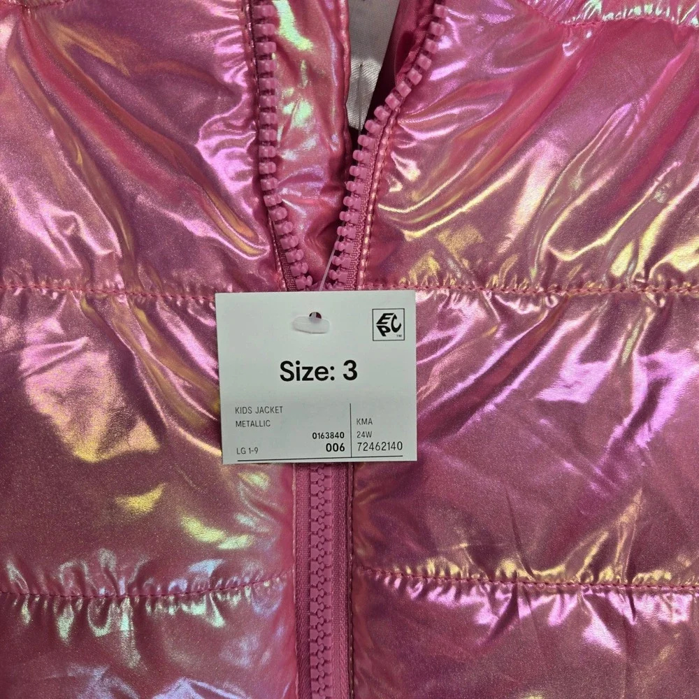 Anko Puffer Jacket Kids‎ Size 3 Pink Metallic Iridescent Hooded Winter Coat NEW